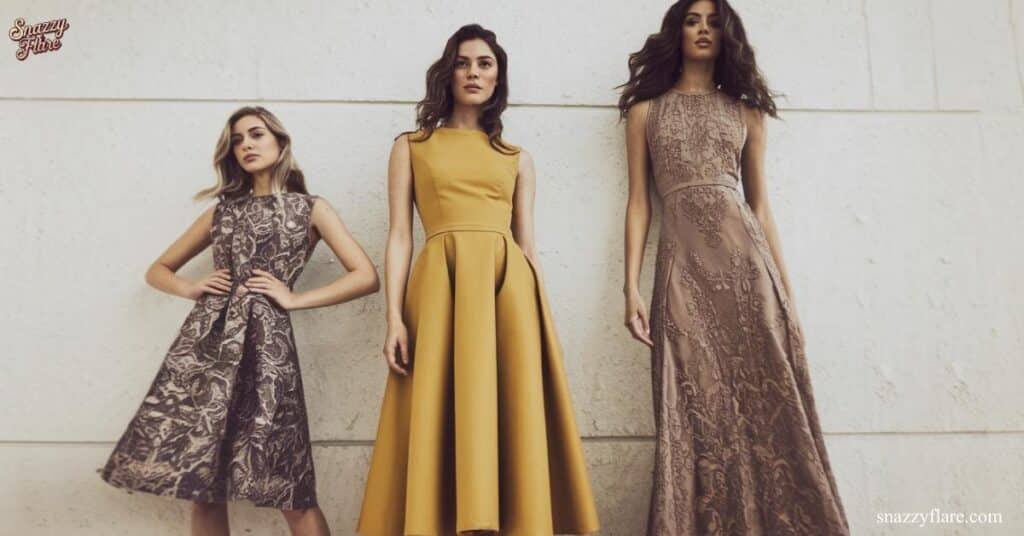 Three models of different heights (Petite, Average, Tall) in elegant dresses: knee-length, midi, and floor-length styles.