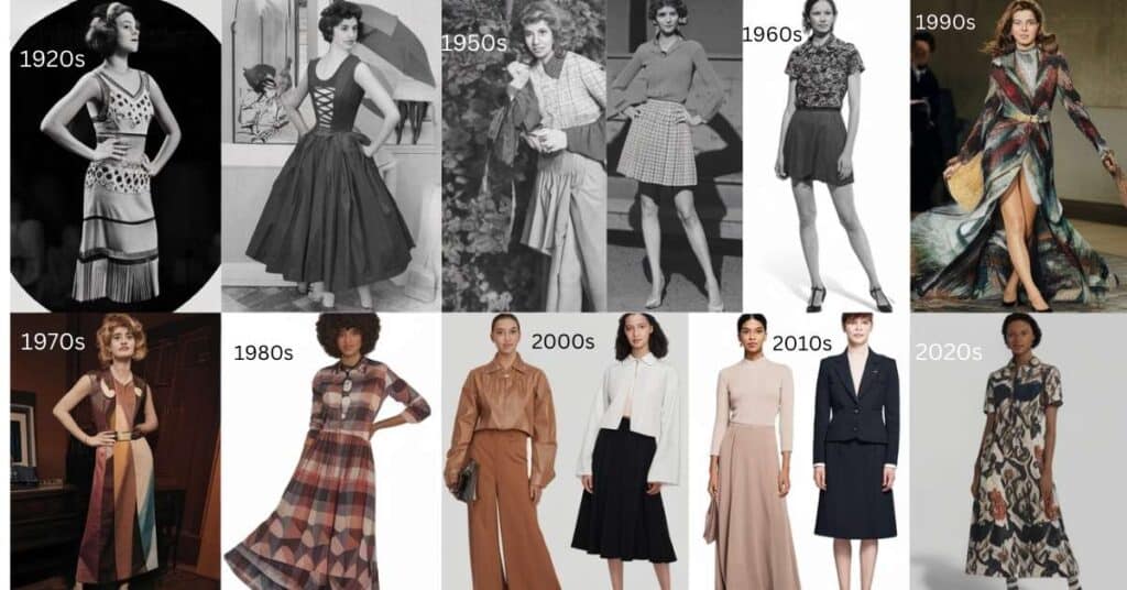 Collage showing dress length trends from the 1920s to 2020s, featuring flapper, mini, maxi, and midi styles.