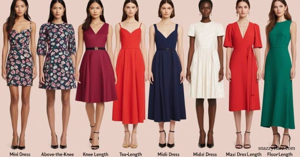 Visual guide showing different dress lengths, from mini to floor-length, highlighting casual to formal options