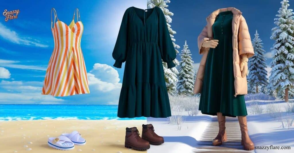 Summer dress with stripes and sandals on a beach, contrasted with a winter outfit featuring a coat, boots, and gloves.