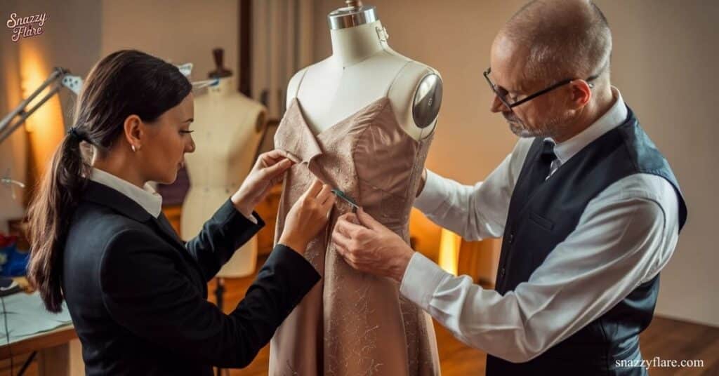 Two tailors adjusting the fit of a dress on a mannequin, focusing on the bodice details.