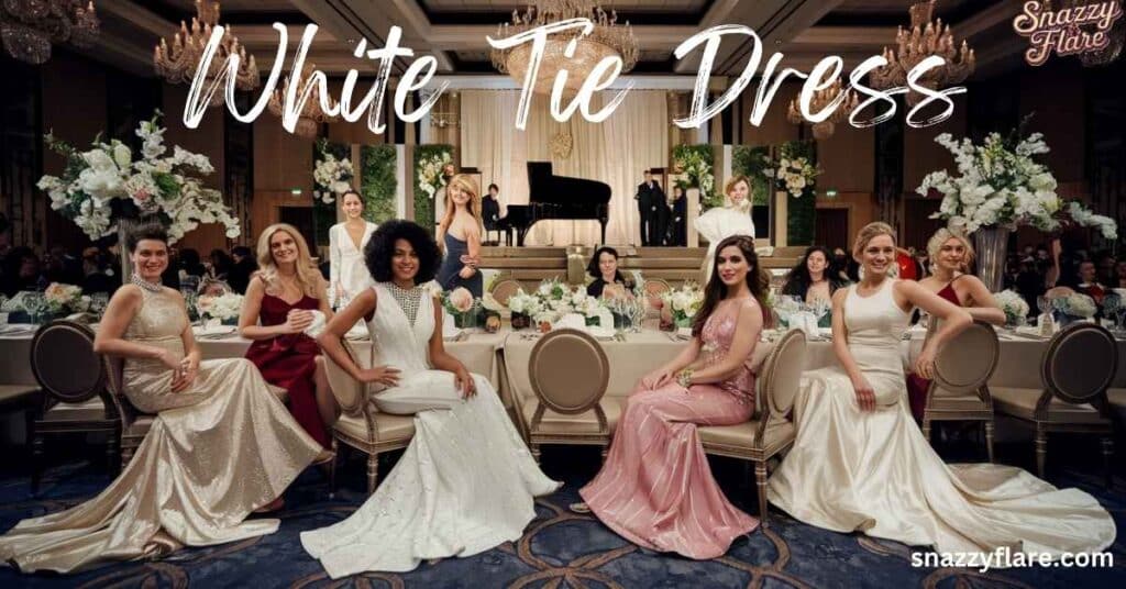 Group of elegantly dressed women in white-tie evening gowns at a formal gala event, seated at a decorated banquet