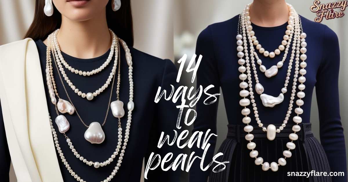 Two models showcasing pearl necklace styles with text '14 ways to wear pearls