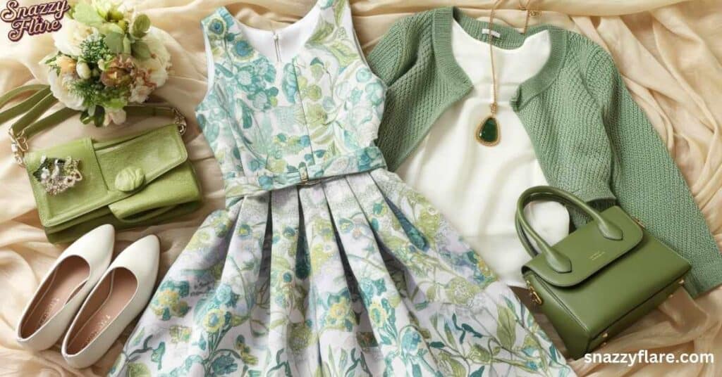 Flat lay of a floral tea dress with accessories: pumps, cardigan, bags, and a pendant, illustrating chic outfit combinations