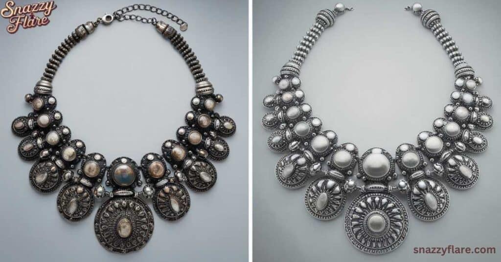 Two ornate antique silver statement necklaces with intricate designs and large central pendants