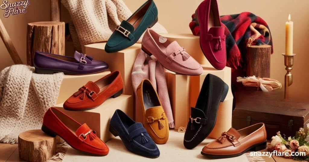 A vibrant collection of women’s flat shoes in various colors and styles, displayed neatly