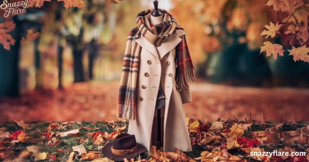 Stylish coat and scarf on a mannequin in a fall setting with leaves and a hat on the ground