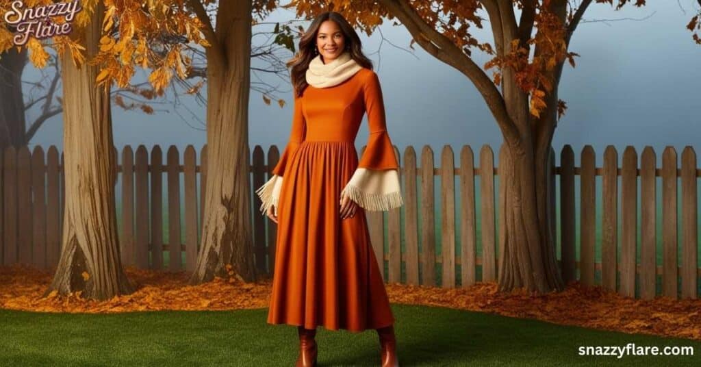 Person in an orange dress and white scarf in front of an autumn background