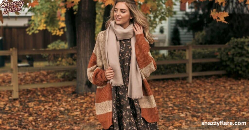 Person in cozy autumn outfit with cardigan, dress, and scarf, standing among fallen leaves and trees