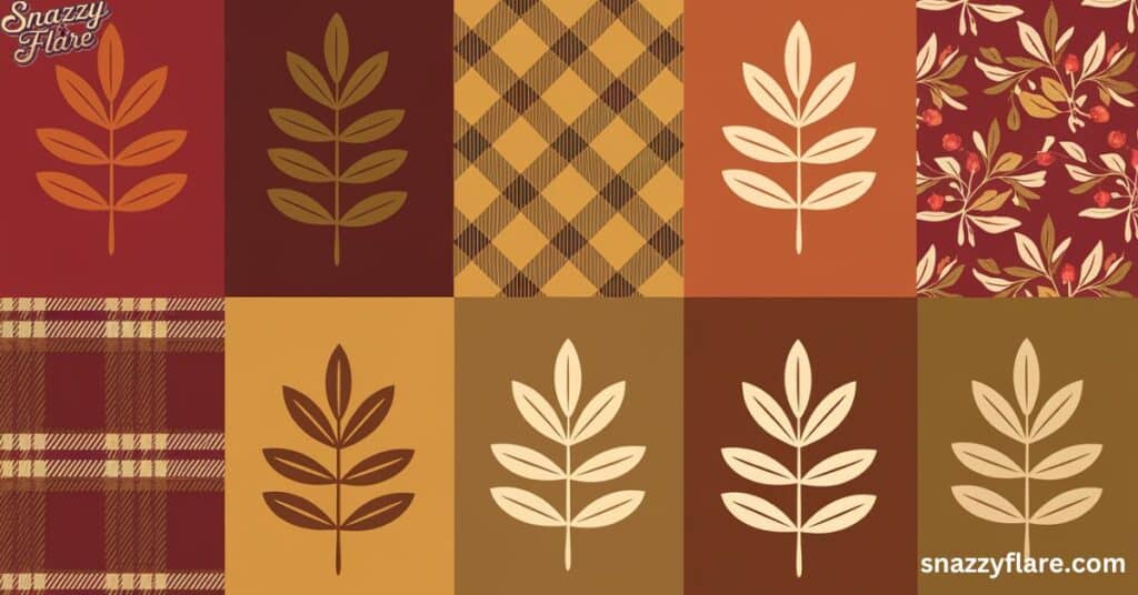 A grid of ten autumn-themed patterns with leaves and plaid designs in warm colors