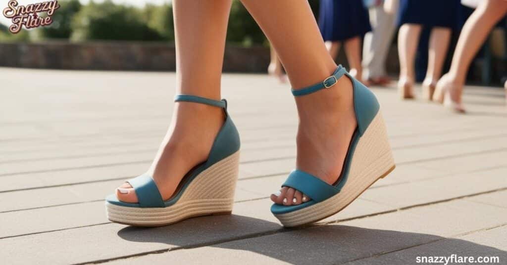 Woman wearing stylish blue wedge heels with ankle straps