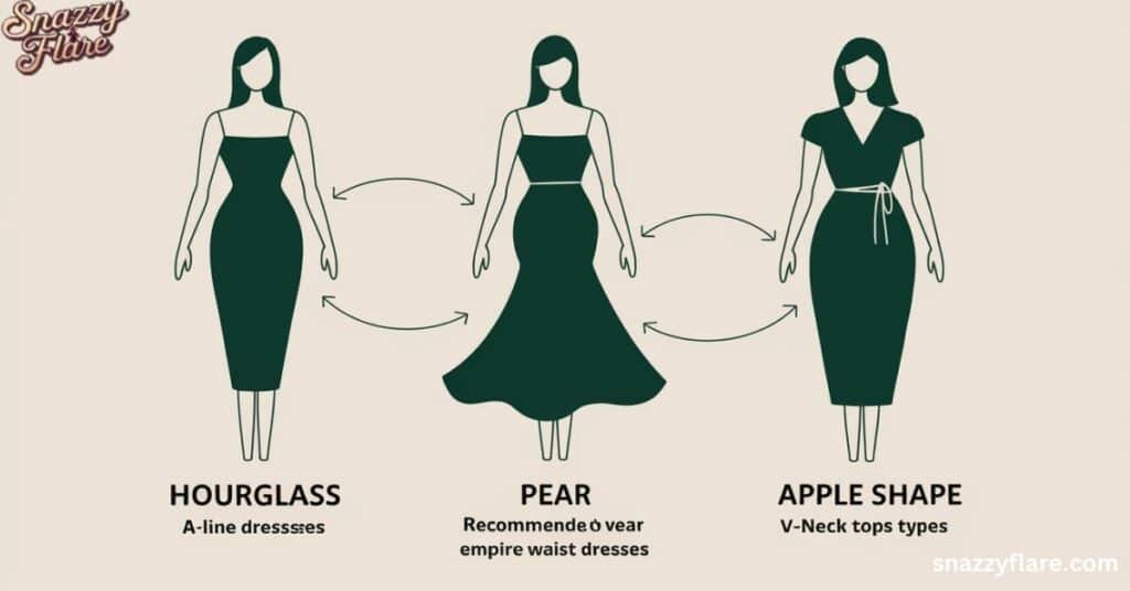 Dress recommendations for hourglass, pear, and apple body shapes from SnazzyFlare.