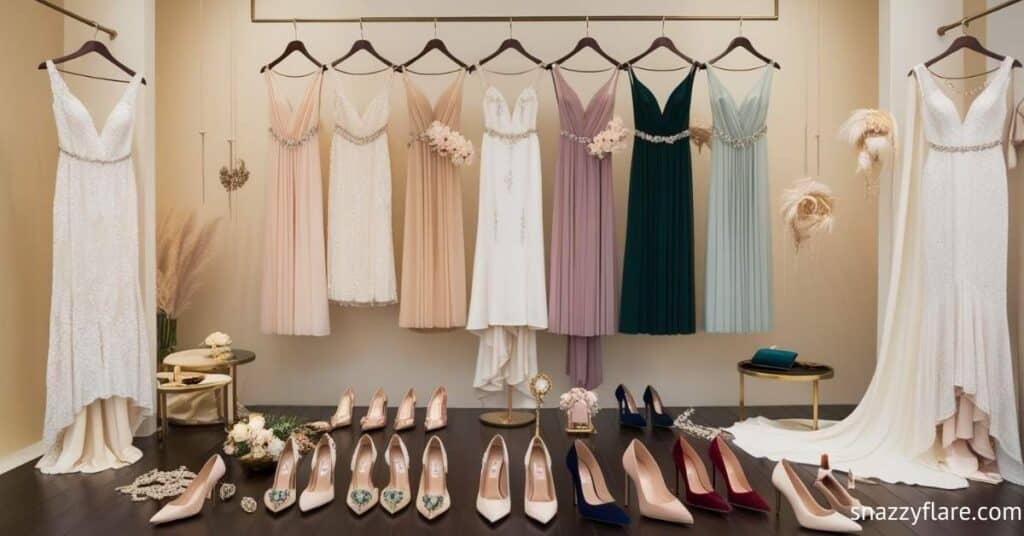 A display of bridal and bridesmaid dresses in various colors with matching shoes and accessories