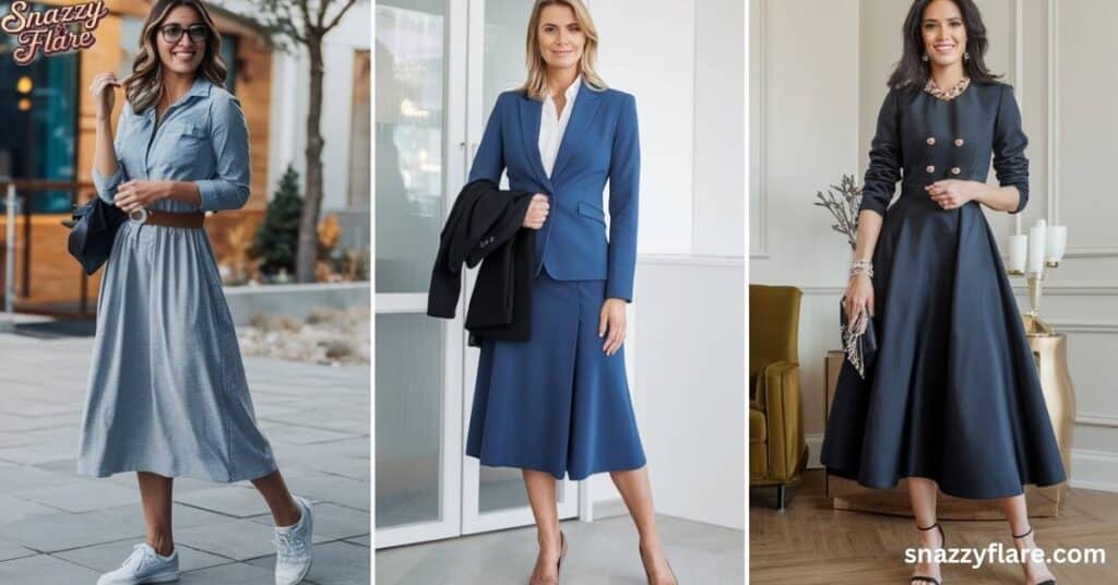 3 Women showcasing casual, office-ready, and formal midi dresses, highlighting the versatility of this timeless style