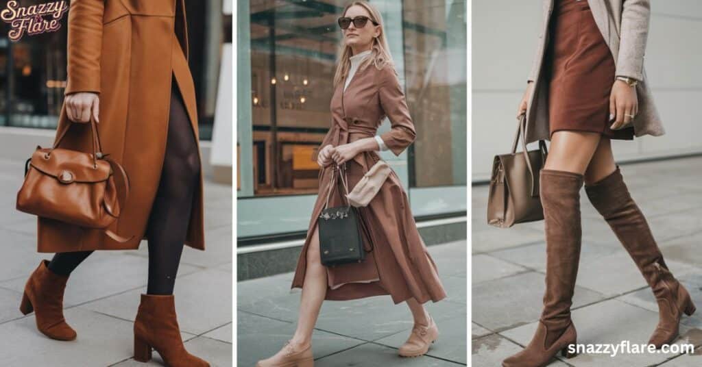 Three stylish autumn outfits with coats, boots, and handbags in brown tones, perfect for fall