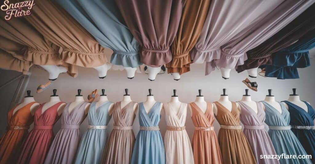 Mannequins displaying colorful dresses with matching fabric drapes above them