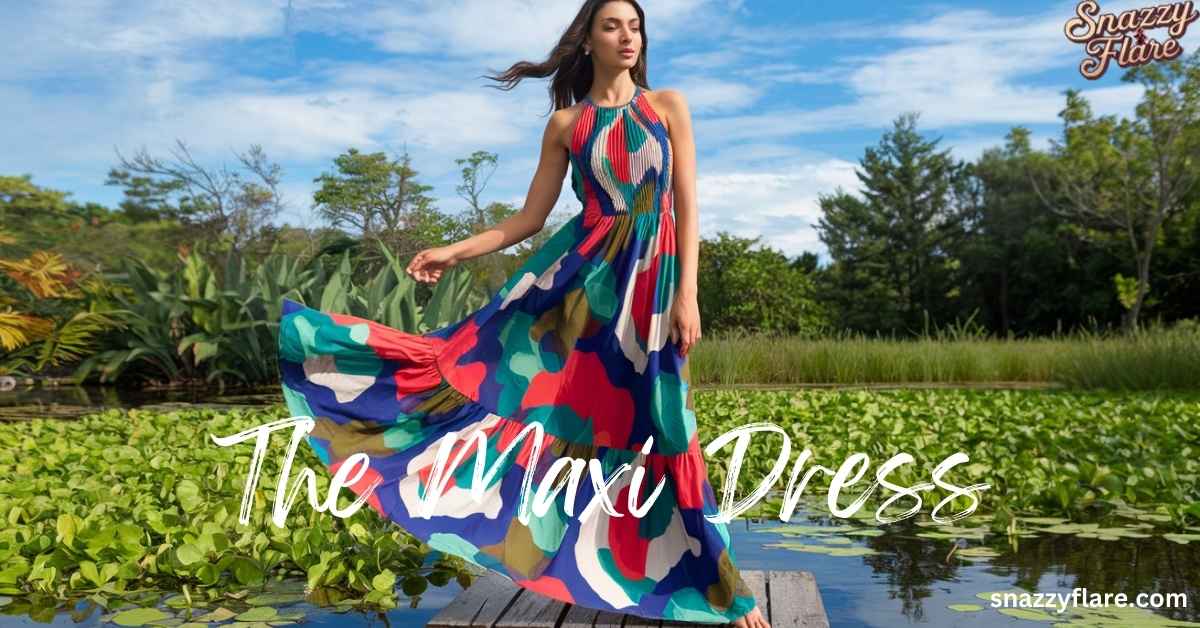 A vibrant maxi dress flows gracefully in a natural lakeside setting, perfect for adding style to your summer wardrobe