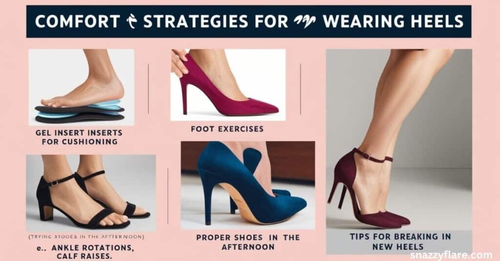 Tips for comfort: gel inserts, foot exercises, trying shoes in the afternoon, and breaking in new heels. snazzyflare