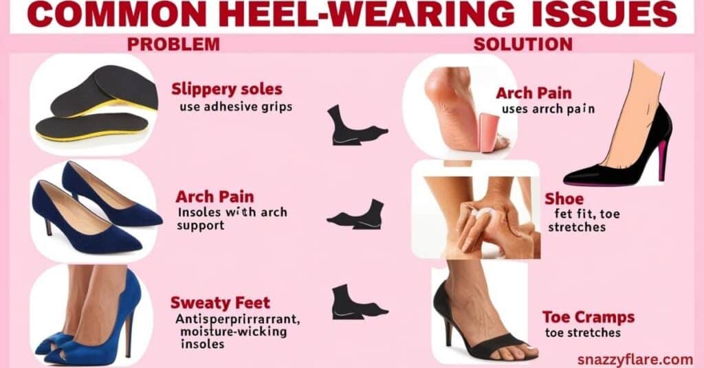 Image showing heel issues: slippery soles, arch pain, sweaty feet, toe cramps with solutions