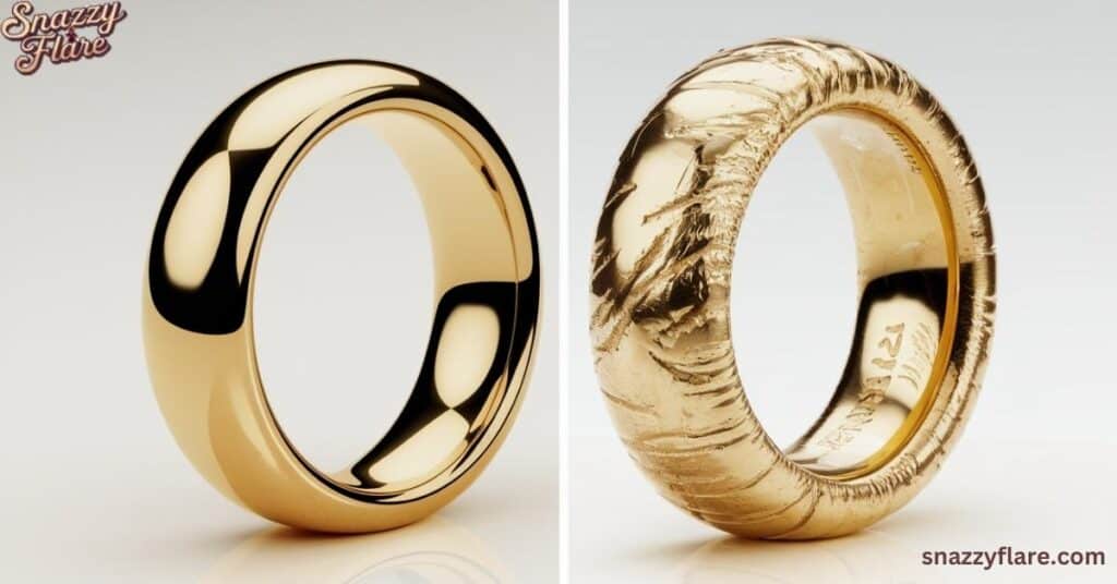 Two gold rings: one smooth and polished, the other rough and textured, displayed side by side