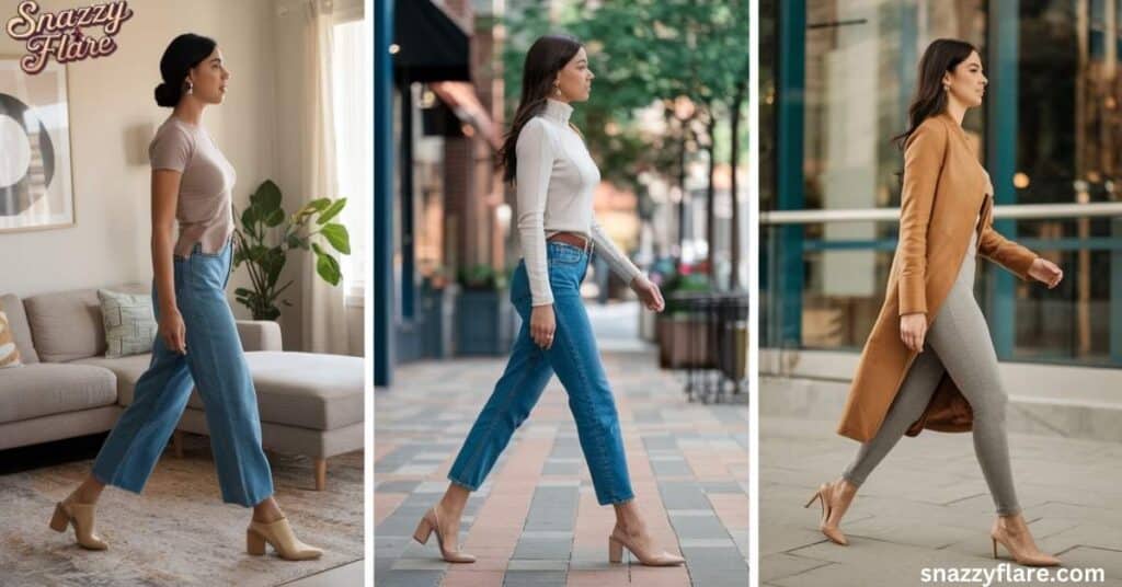 Women walking confidently in different heel heights, showcasing style