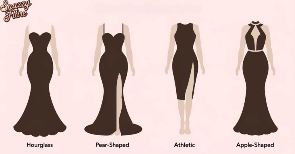 Illustration of four dress styles for hourglass, pear-shaped, athletic, and apple-shaped body types