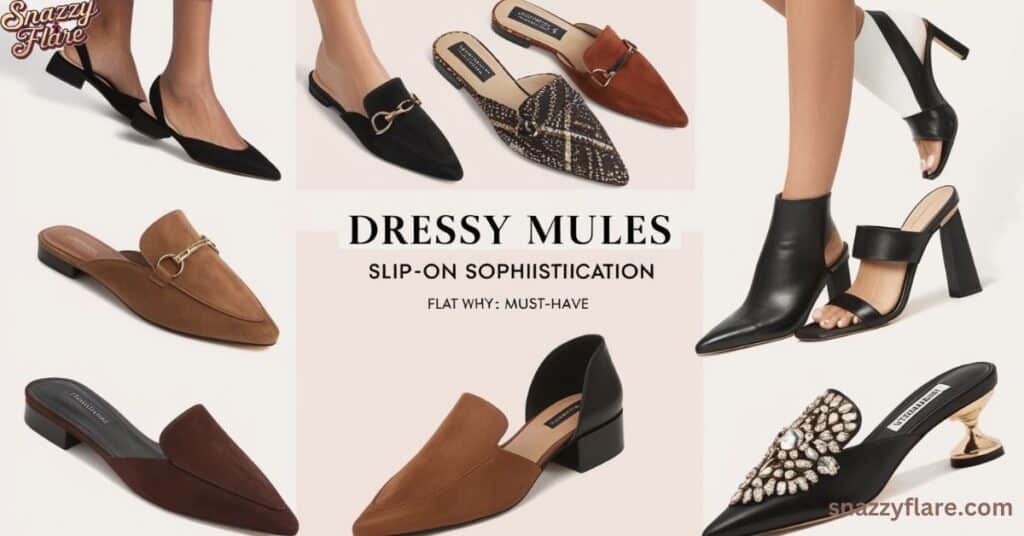 Collection of stylish dressy mules, featuring various designs and colors for slip-on sophistication