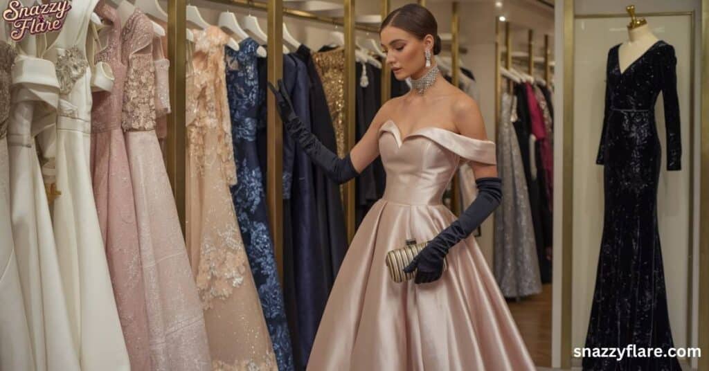 Woman in off-shoulder gown browsing formal dresses in luxury boutique. Wearing long gloves and choker, holding clutch purse