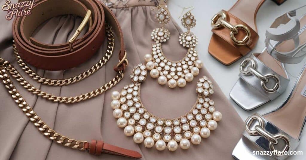 Pearl jewelry, gold chains, leather belts, and stylish sandals