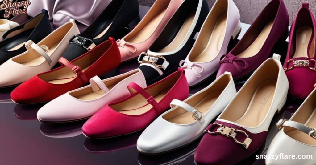 A vibrant collection of women’s flat shoes in various colors and styles, displayed neatly