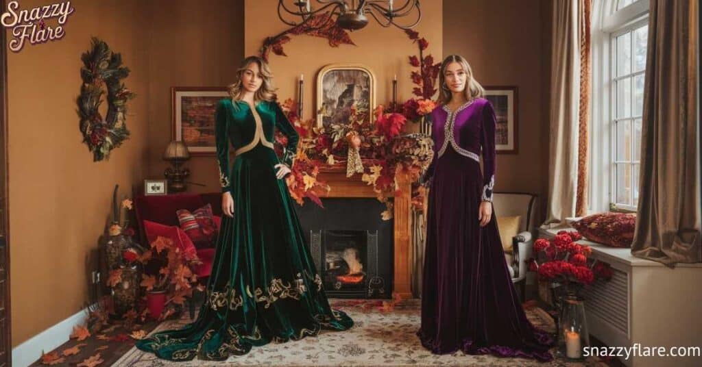 Two women in elegant velvet gowns, standing in a cozy, autumn-themed living room with a fireplace.