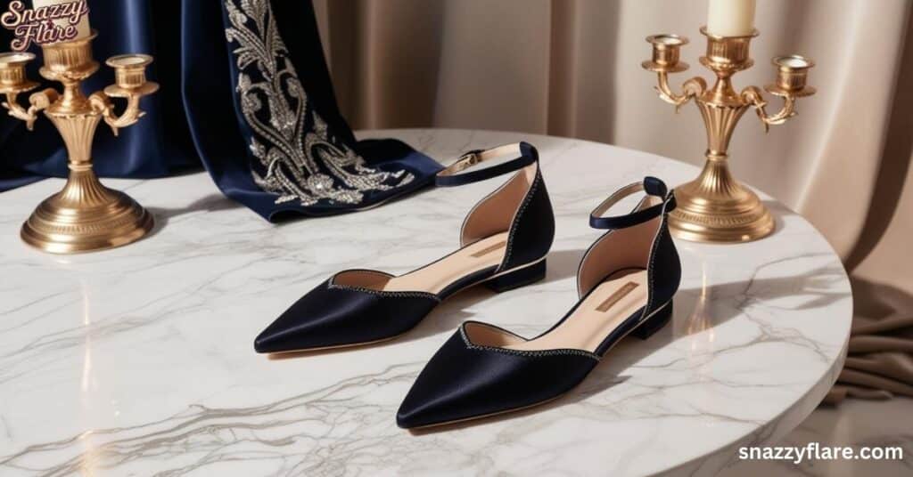 Chic black pointed heels with straps on a luxe marble table, flanked by brass candlesticks