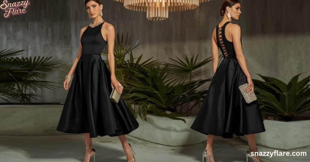 Front and back view of a woman wearing an elegant black midi dress, styled with a lace-up back for a formal event