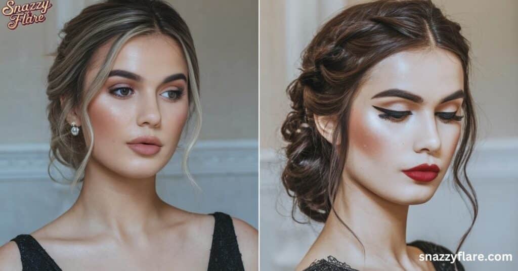 Side-by-side portraits of a woman with different formal hairstyles and makeup looks - soft neutral and bold red lip