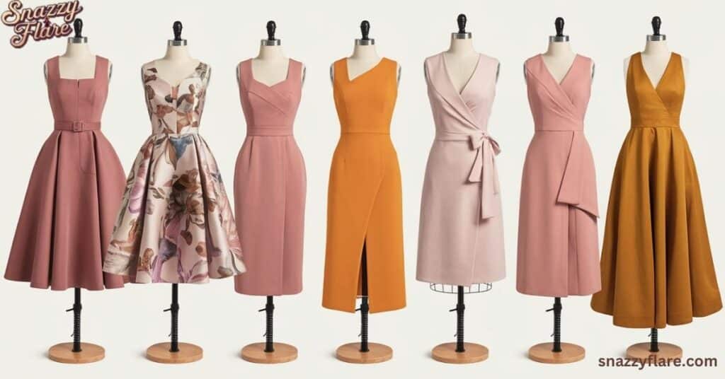 Seven mannequins displaying various elegant dresses in different styles and colors from Snazzy Flare