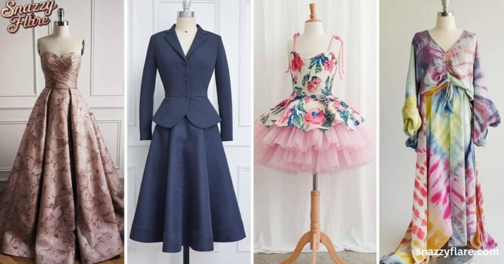 Four elegant dresses on mannequins: a pink floral gown, a navy suit dress, a floral tutu dress, and a tie-dye maxi dress