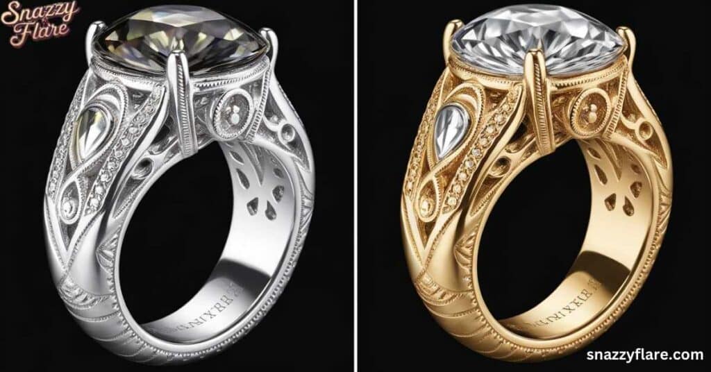 Two intricately designed rings, one in silver and one in gold, with large gemstones and detailed engravings