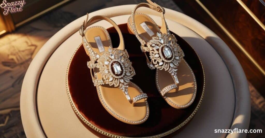 Luxury sandals with sparkling gemstone embellishments on a plush round display