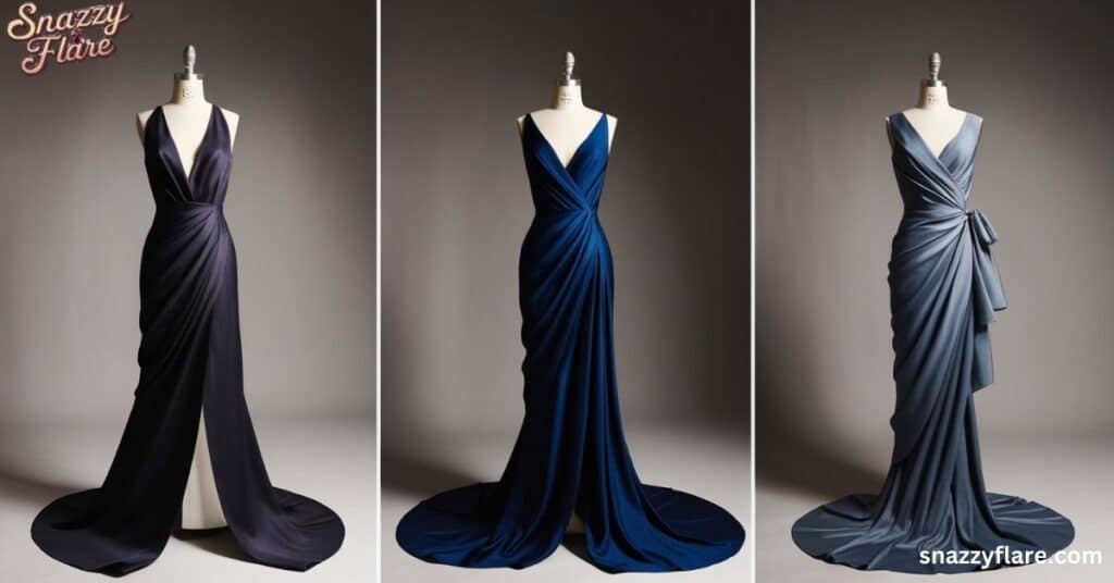 Three draped evening gowns on mannequins, in dark shades, by Snazzy Flare