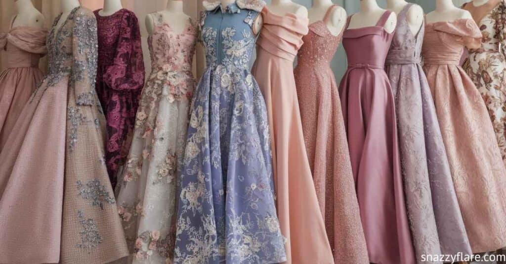 Row of elegant evening gowns in pastel colors and intricate designs on mannequins