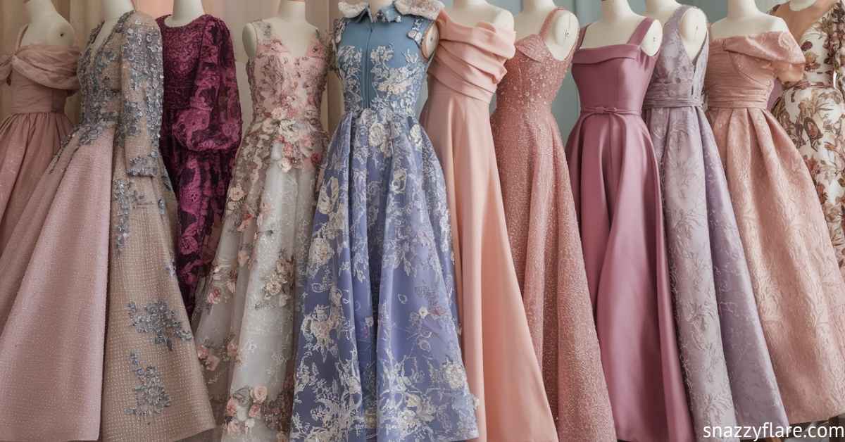 Row of elegant evening gowns in pastel colors and intricate designs on mannequins