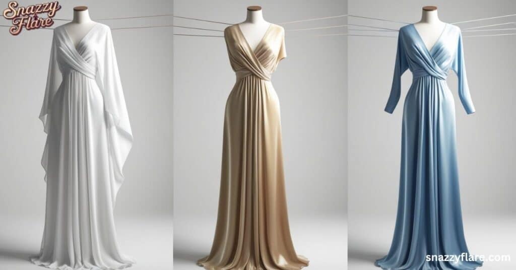 Three elegant evening gowns in white, gold, and blue displayed on mannequins