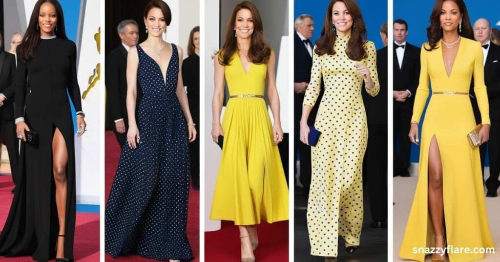 Five celebrities in stylish evening gowns in black, navy blue, and yellow, showcasing different designs