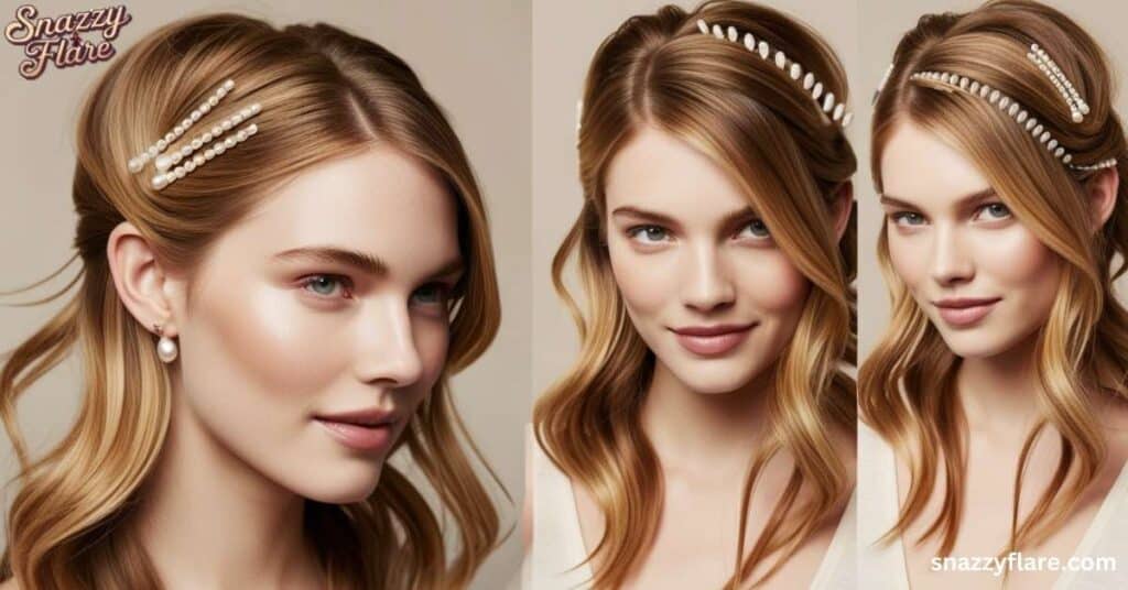 Three hairstyles featuring pearl clips and headbands, displayed by Snazzy Flare