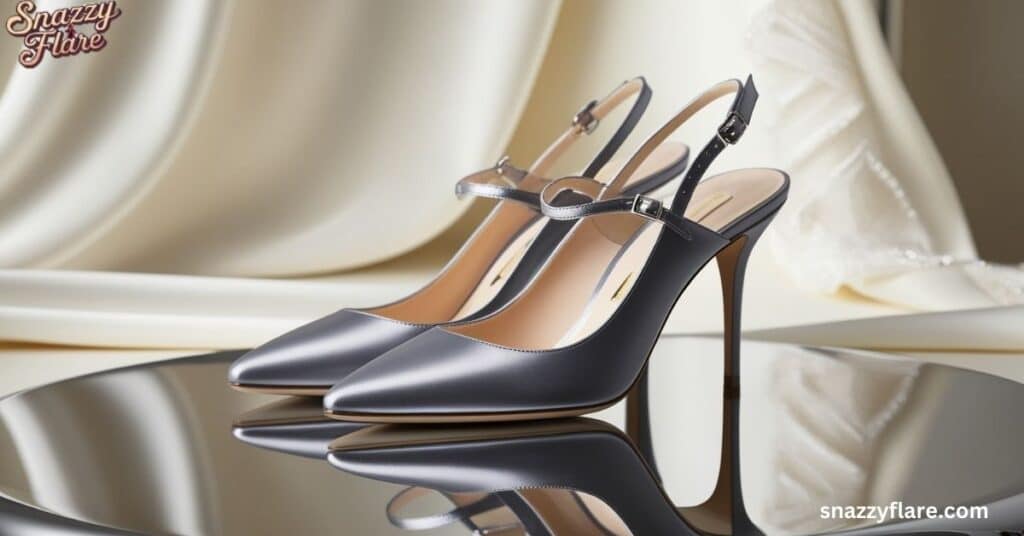 Sleek silver high heels with ankle straps on display