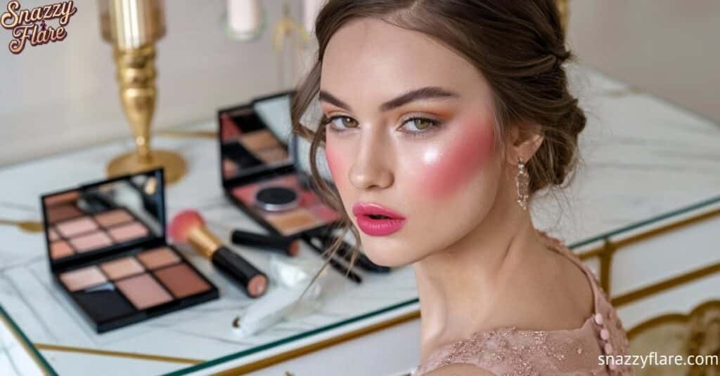 Woman in a pink dress sitting at a vanity with makeup products including palettes, brushes, and lipsticks.