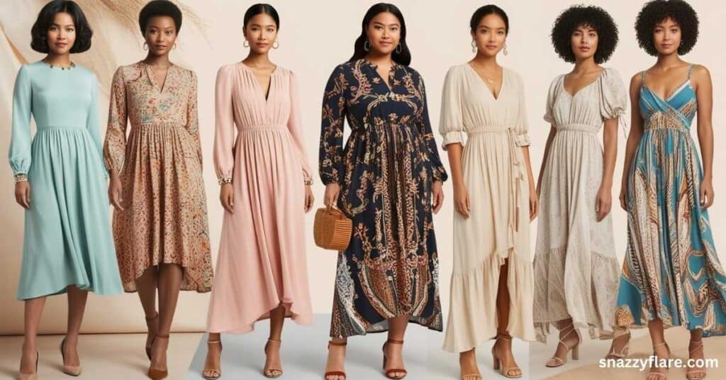 Seven women showcasing various elegant Maxi dresses in different styles and colors