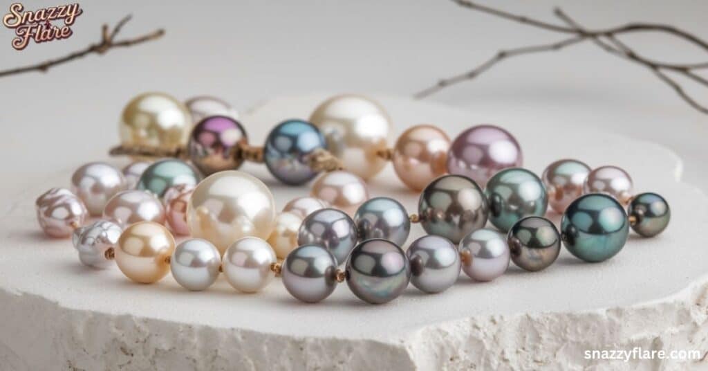 Close up of a multicolored pearl necklace with various shades on a white surface