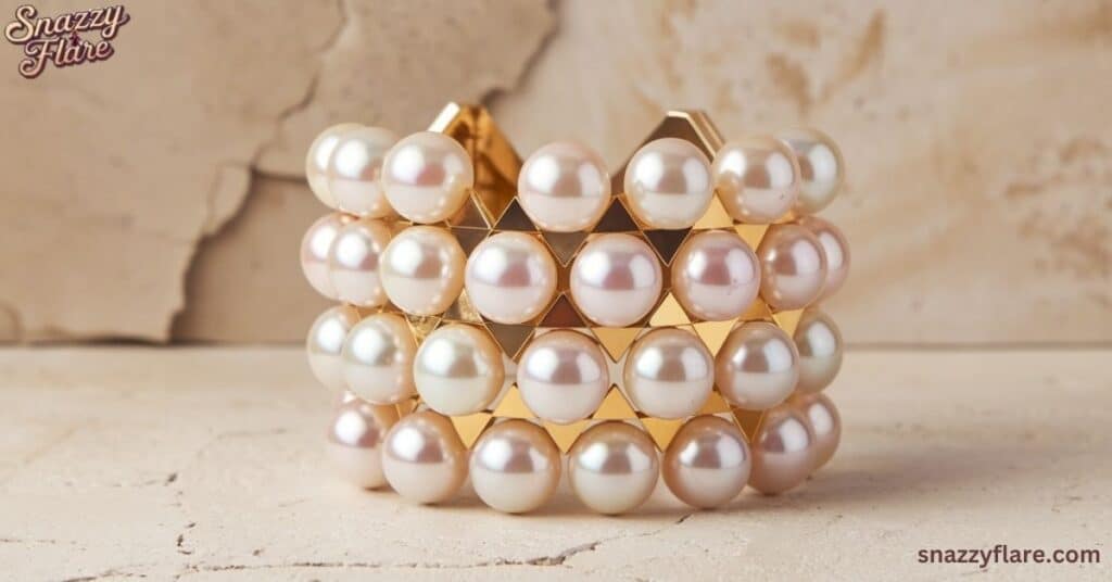 Gold bracelet with rows of white and pink pearls on beige textured surface.