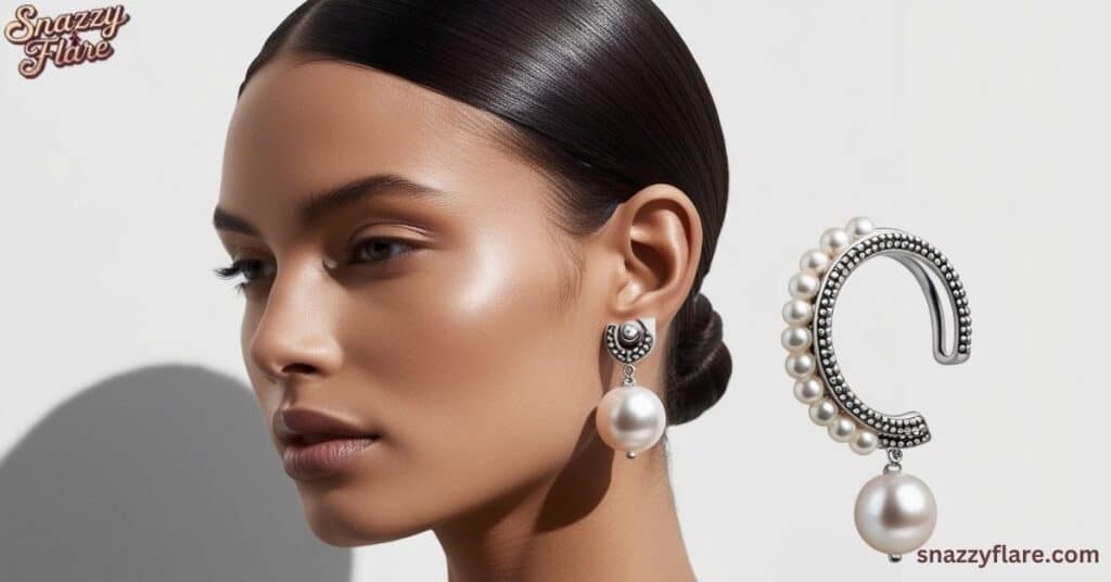 Close up of a person wearing elegant pearl earrings with a large pearl drop and pearl-studded semi-circular piece